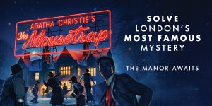 A stage scene from "The Mousetrap," featuring actors in period costumes, with dramatic lighting and set design.