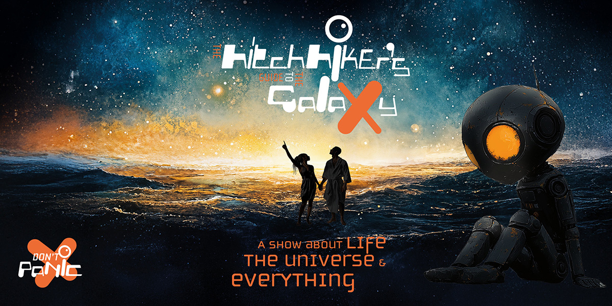 The background is an image of two people walking on what looks to be another planet. A sky above them is full of bright stars. On the right is an image of a robot. At the top it reads 'Hitchhiker's Guide To The Galaxy'