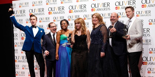 Left to right: Gavin Creel, Jared Gertner, Alexia Khadime, Sonia Friedman, Anne Garefino, Casey Nicholaw, Stephen Ashfield. Photo by: Pamela Raith 