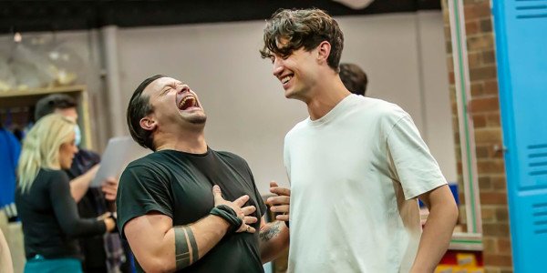 Simon Bailey (Ram’s Dad) with Jordan Luke Cage (JD) in Heathers The Musical rehearsals