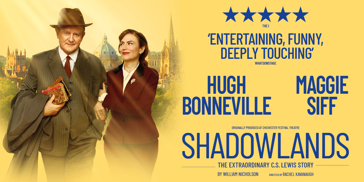 The background is yellow. On the left is an image of two people walking together arm-in-arm. On the right it reads 'Shadowlands'.