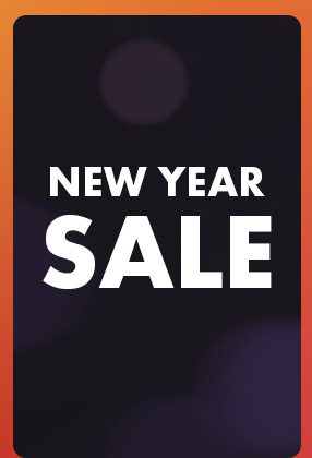Bold text reads "NEW YEAR SALE" on a dark background with subtle colour gradients.