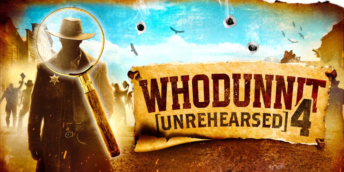 A group of four people in formal attire, engaged in conversation, with a dimly lit, elegant background.