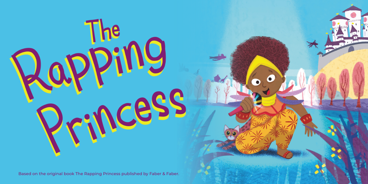 A cartoon child with brown curly hair and a yellow headband holds a microphone against a blue background.